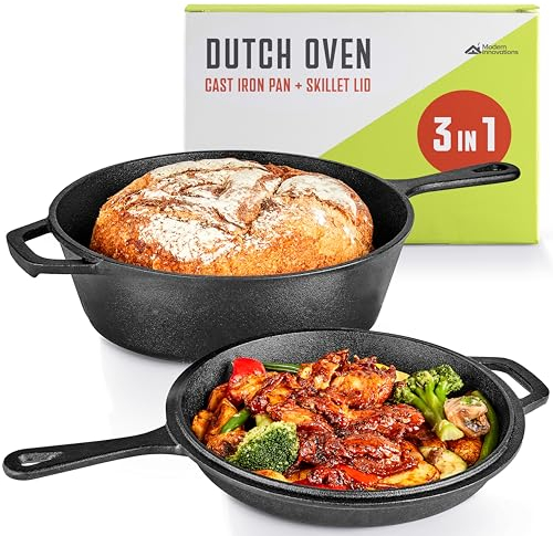 Modern Innovations Horno holandés 2 en 1, sartén de hierro fundido (3.2 cuartos de galón) y sartén de hierro fundido (1.6 cuartos de galón) combinado, sartén de hierro fundido con tapa, juego de ollas