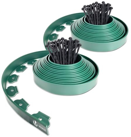 VOUNOT Plastic Lawn Edging Border with 60 Ground Anchors, 20m Flexible Garden Edging Strip for Grass, Paths, Gravel or Flower Beds, Weatherproof Landscape Border, 5cm High, Medium Green
