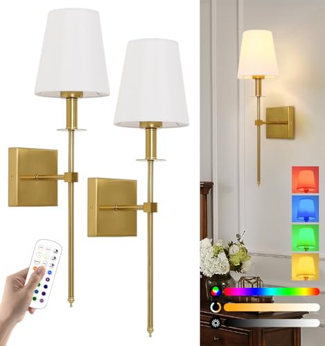 2 Pezzi Applique da Parete Interno, Lampada da Parete a batteria Ricaricabile USB, Lampada da Muro Dimmerabile con Telecomando, Luci da Parete Senza Fili per Camera da Letto Soggiorno Corridoio, Oro