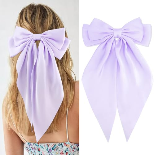 Velscrun Lazos para el pelo para mujeres y niñas, lazo grande de satén sedoso color morado, lazos grandes para el cabello, lazos grandes para el pelo, clip de cola larga, moño para el pelo, pasadores