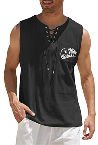 Tank Top Herren Ärmellose Leinenhemd Herren Tanktops aus Baumwolle und Leinen Sommer Unterhemd Beiläufige Männer Strand Urlaub Basic Shirt Retro Schnüren Leichte Trägershirts