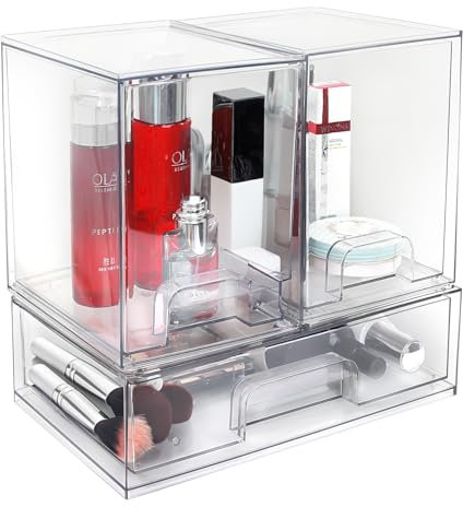 Cajones de Almacenamiento Grandes Apilables, Organizador de Maquillaje de Plástico Transparente con Cajón Extraíble para Debajo del Fregadero, Despensa, Baño, Cocina y Oficina