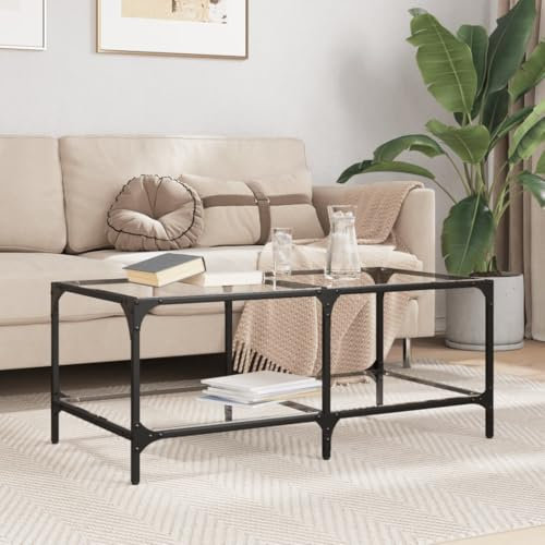 Baziroo Couchtisch mit Glasplatte 98,5x50x40 cm Kaffeetisch Satztisch Wohnzimmertisch Wohnzimmermöbel Zimmertisch Wartebereich Tisch Telefontisch Holzwerkstoffe&Stahl&Glas Transparentes Glas
