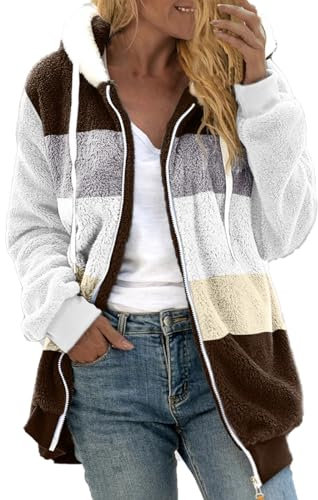 Damen Winterjacke Kurzmantel: Teddy Fleecejacke Damen Oversized Patchwork-Plüschjacke Grosse Grössen Kapuzenjacke Mit Reißverschluss Weiche Kapuzenpullover Kapuzenmantel Wintermantel Sweatjacke