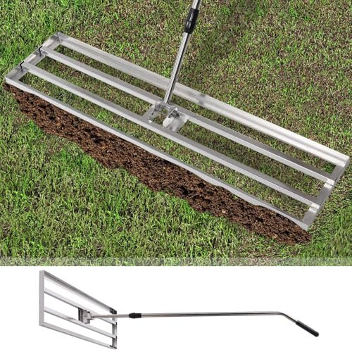 YODOLLA Lawn Leveling Rake, Stainless Steel Lawn Leveller Heavy Duty,Level Lawn Tool Adjustment Length Handle 195 x 102×25cm,Golf Field, Garden, Level Soil-Silver