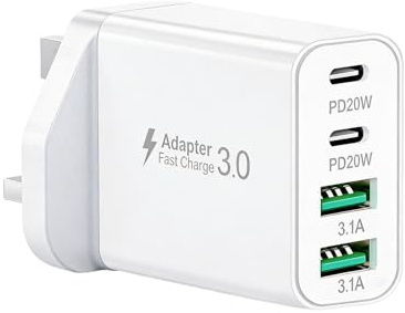 Ozzgen 40W 4-Port UK USB C Fast Charger Plug | Dual PD20W USB-C & 2 USB-A Mains Adapter, Compact Fast Wall Charger for iPhone 16/15/14 Pro Max, iPad, AirPods, Samsung, Travel Home Multi Device Charger