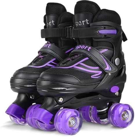 LOKJIJI Kids Roller Skates for Girls Boys Children Beginners, Adjustable 4 Sizes Quad Roller Skates for Kids and Youth with Light Up Wheels for Sports, Black & Purple (Medium - UK 1-4)