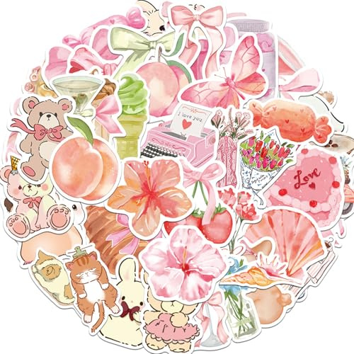 Difistik 50Pcs Pink Stickers, Cute Pink Girl Stickers, Waterproof Vinyl, Cartoon Style, For Skateboard, Helmet, Guitar, Teenagers