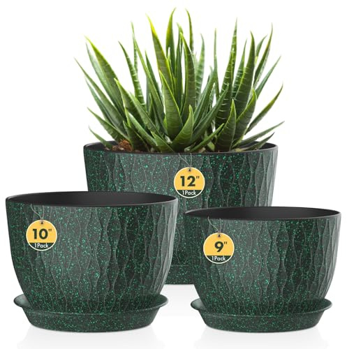 Homeuouz 3er Set Groß Breite Pflanzentopf mit Untersetzer – 30/25/22 cm Kunststoff-Blumentöpfe für Innen & Außen, mit Drainagelöchern, wasserwellige Struktur, Schwarz mit grünen Punkten