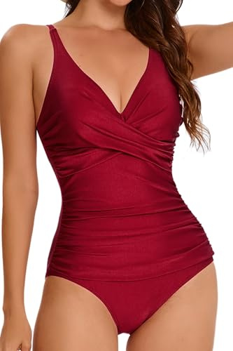 Viloree - Bañador de una pieza para mujer, con cuello de pico, control de adelgazamiento, talla grande, monokini, granate, XXL