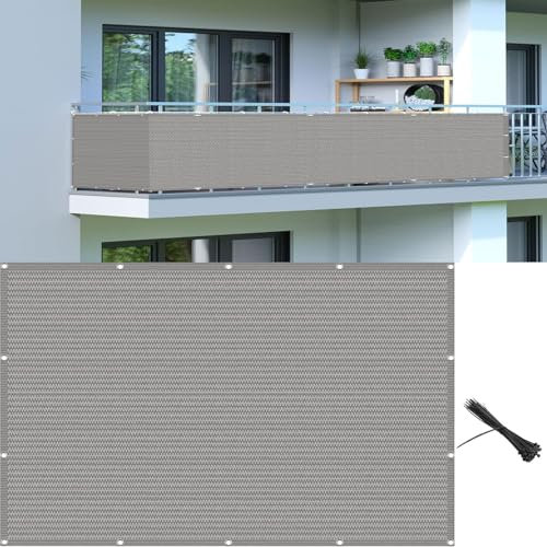 Balkonverkleidung Balkonabdeckung 110 x 190 cm UV Schutz Wind Sonnenschutz Balkonverkleidung Balkonsichtschutz mit Ösen, Nylon Kabelbinder Und Kordel, für Garten Balkon, Hellgrau