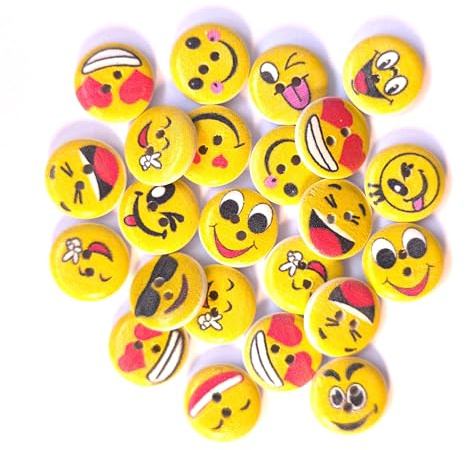 20 lustige Holzknöpfe Motiv Smiley 15mm (1,5cm) bunt rund im zufälligen Mix Zweilochknöpfe a 2mm je Loch – 2-Loch-Knöpfe zum basteln nähen annähen aufnähen Bastelknöpfe Kinderkleidung scrapbooking