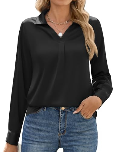 Zeagoo Blusa de satén para mujer, camiseta de manga larga, elegante, cuello de pico, blusa de seda, manga larga, camiseta de trabajo monocolor, Negro , XXL