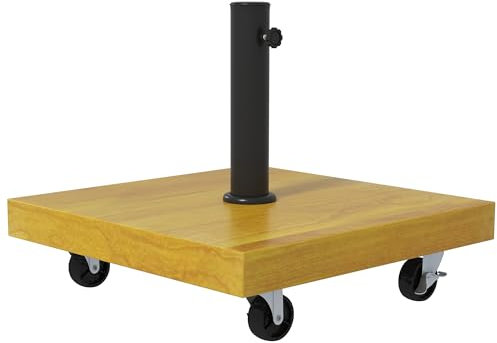 Outsunny Base per Ombrellone da 25 kg in Cemento e Metallo, Supporto per Ombrelloni 34/38/48mm, Basamento per Ombrellone da Giardino con Rotelle con Freno, Finitura Effetto Legno, Giallo