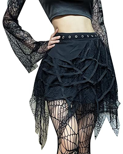Gonna gotica da donna a vita alta, gonna sexy Steampunk con frange in tela di ragno, taglio slim vintage corte rinascimentale medievale chic cosplay vittoriano mini skirt per Halloween Carnevale, Nero