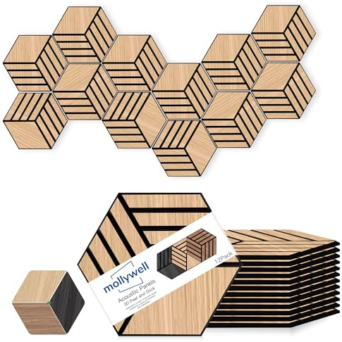 Mollywell Hexagon Acoustic Panels, Natural Oak TW4, 14x12x0.4 Inch, 12 Pack |Wood Veneer|High Density Sound Proofing Wall Panels|Self Adhesive Sound Dampening Felt Wall Tiles|Home|Studio|