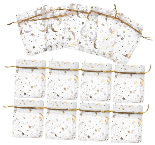MAGICLULU 100 st Organza Mesh Smyckespåsar med Dragsko Vit med Guldstjärnor Månmönster Bärbara Presentpåsar för Smycken Festgåvor för Bröllop DIY Presentförpackning