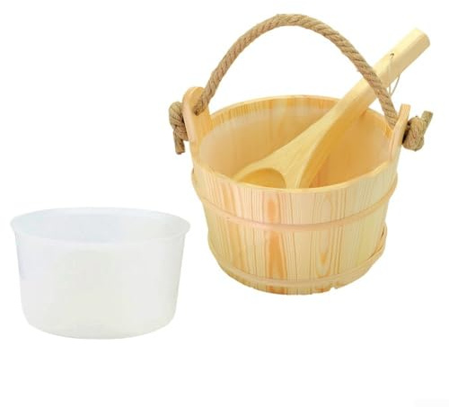 Seau de sauna et louche en bois d'épicéa avec doublure en plastique et poignée en corde Capacité de 6 l pour verser l'eau et contrôler la vapeur