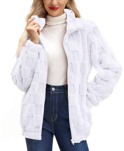 Chaqueta de forro polar grueso para mujer, chaquetas de forro polar mullido, talla grande, abrigo cálido a cuadros, color sólido, cremallera completa, cuello alto, sherpa, ropa elegante para