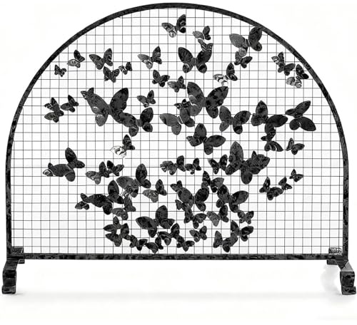 JIAOCKJIAO Parascintille per Camino con Design a Farfalla 3D, Protezione per Focolare con Struttura Ad Arco e Rete Metallica, Griglia di Protezione per Camino(Black,33.5in/85cm)