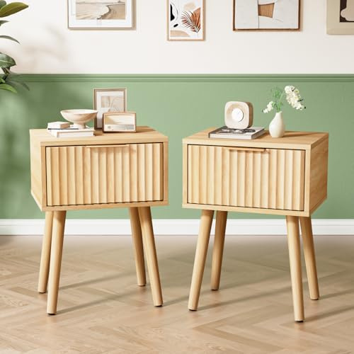 Bonnlo Bedside Table Set of 2 with 1 Drawer,Grille Nightstand,Oak