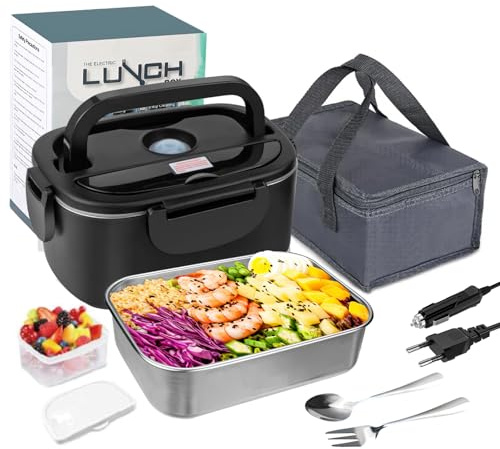 UEXEDO Boîte à Déjeuner Chauffante Électrique 1.5L, Compatible Voiture (12V/24V) & Maison (220V) - Compartiments Séparés Inox, Chauffage PTC 60W - Pour Bureau, Camion et Déplacements (A)