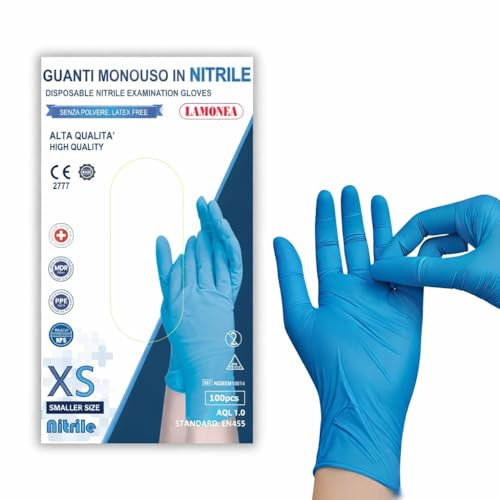 LAMONEA - 100 Guanti Azzurri Monouso in Nitrile AQL 1.0 - Certificato CE - Senza Polvere di Alta Qualità (taglia XS) - NGBEM10013