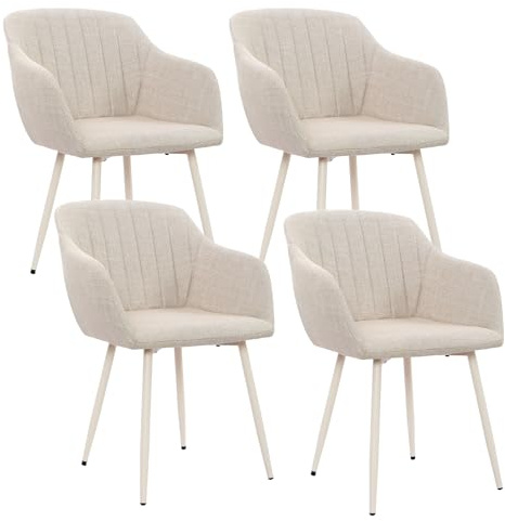 Goeurvant Esszimmerstühle 4er Set Beige mit Armlehnen - Polsterstühle aus Leinen mit Beigefarbenen Beinen, Küchenstühle Armlehnenstuhl für Esszimmer Wohnzimmer
