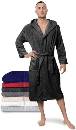 Twinzen Herrbadrock - 100% Bomull Med Huva,S Mörkgrå - Oeko-TEX®-certifierad - Frottébadrock 2 Fickor, Bälte - Mjuk, Absorberande och Bekväm