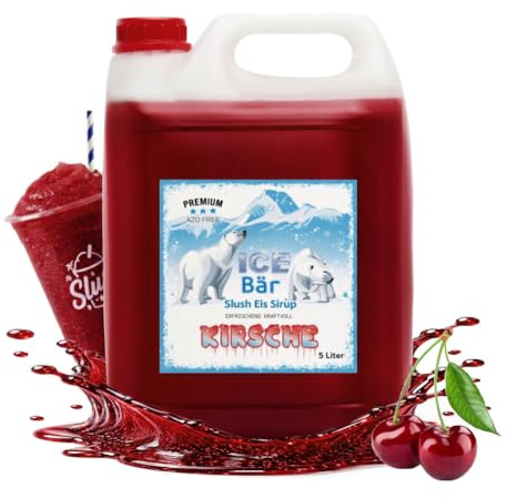 ICE Bär Slush Konzentrat Geschmack: Kirsche Rot 5 L | Ergibt 30 L Slush | Glycerinfrei & AZO-frei | Fertigmix ohne Zuckerzusatz | Sirup für Slushmaschine & Frozen Drinks | Made in Germany