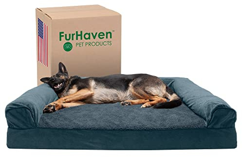 Furhaven Kühlendes Gel-Hundebett für große Hunde mit abnehmbaren Nackenrollen und waschbarem Bezug, für Hunde bis zu 57 kg, Sherpa- und Chenille-Sofa, Orionblau, Jumbo Plus/XXL
