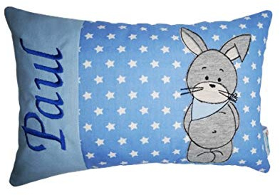 Kissen mit Wunschnamen - Hase - blau - Geschenk zur Geburt