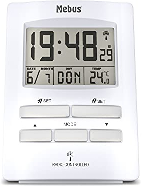 MEBUS Digitaler Funk-Wecker mit Temperaturanzeige, Zwei Weckzeiten und Kalender, Funkuhr/ Material: Kunststoff / Farbe: Weiß / Modell: 51501, normal (10,5 x 6,7 x 4 cm)