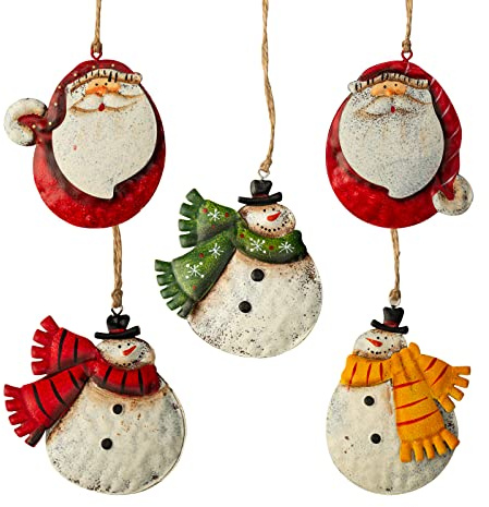 Crafjie 5 Pack Rustic Metal Double-Sided Christmas Tree Ornaments Tin Santa Snowman Decorations Hanging Pendants Ornaments Christmas Hanging Ornament Xmas Holiday Decor