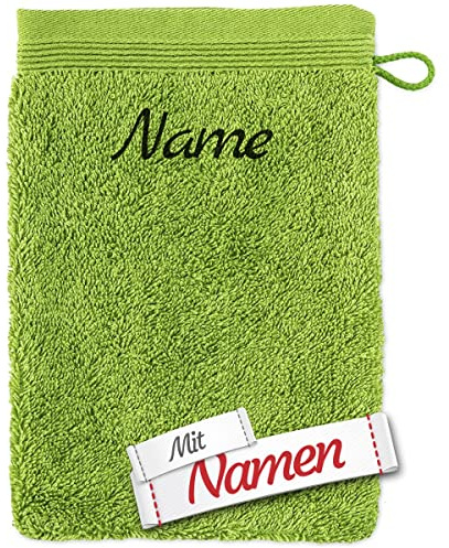 möve Superwuschel Waschhandschuh mit Namen Bestickt, Peridot Grün Baumwolle Frottee, Waschlappen besticken Lassen, Waschtuch personalisiert