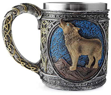 Edelstahlbecher mit Wolfsmotiv, Kunstharz, stereoskopisch, Retro-Wölfe-Tasse, Kaffeetasse, Halloween-Bierkrug, Wolfs-Dekor und Geschenke für Männer