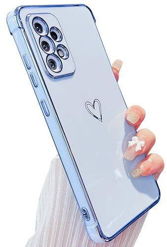 ZTOFERA Compatible with Samsung Galaxy A53 5G Case for Girls Women, Flexible Silicone Protective Phone Case with Cute Love Heart Pattern Golden Edging Shockproof Bumper Cover, Sierra Blue