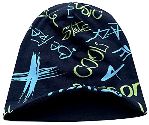 Wollhuhn Öko Warme Kuschelige Winter Jungen/Mädchen Winter Long Beanie Mit Fleecefutter Versch. Motive (aus Öko-Stoffen, Bio) 20220666 (Cool Music Schwarz/Blau/Grün, L)