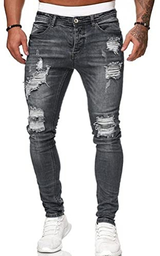Osheoiso Herren Destroyed Jeans Biker Hose Herren Löcher Slim Fit Lang Jeans Denim Hose Vintage Männer Zerrissen Jeanshose Skinny Jeanshosen Bleistifthose Hosen A Grau L