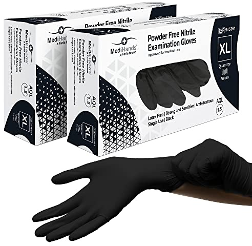 Farla Medical MediHands Disposable Extra Large Nitrile Gloves - Powder Free and Latex Free Surgical Gloves - Multi-Purpose, Single Use Medical Gloves - Box of 200, Black