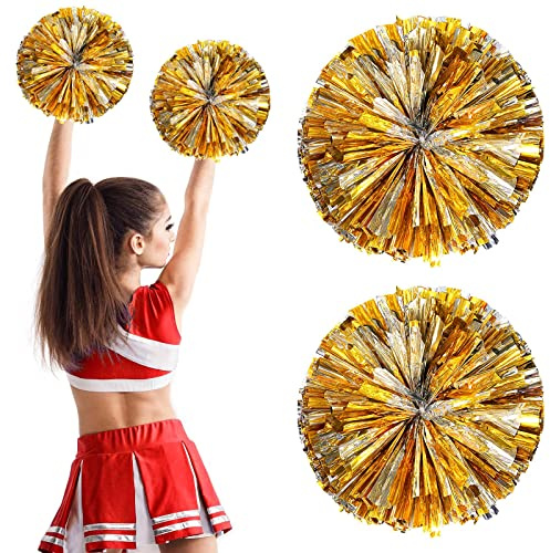 2 Stück Cheerleading Pompoms, Metallisch Cheerleading Pompons zum Kinder, Cheerleader Pompons Handblumen Sport Squad Cheer Accessories Spirit Cheering Pom für Spiele Sport Wettbewerb (Gold & Silber)