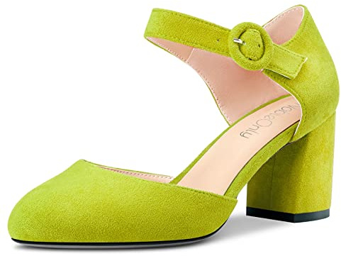 NobleOnly Mujer Chunky Ancho Medio Heel Two-Piece Cierre con Hebilla Redonda Punta Pumps Clear Cute de Boda Oficina Zapatos 6.5 CM Heels Verde Lima Ante 38 EU