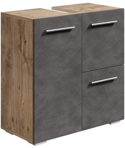 Badplaats Waschbeckenunterschrank Mars 60 x 30 cm Kastanien Eiche mit Dunkel Grau - Stehender Badezimmerschrank mit 2 Türen und 1 Schublade