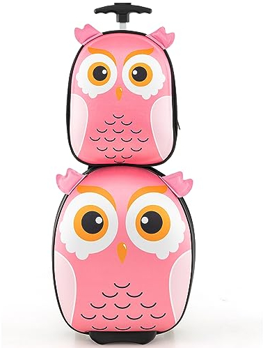 DREAMADE 2tlg. Kinderkoffer Set, Kinderkoffer mit Rucksack, Reisekoffer Jungen & Mädchen, Kindergepäck mit Rollen, Kindertrolley Handgepäck Kinder Flugzeug (Rosa-Eule)