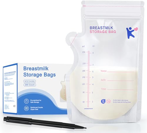 Aufbewahrungsbeutel für Muttermilch, 200 Stück Muttermilchbeutel BPA-frei & einfach zu gießen Muttermilch-Aufbewahrungsbeutel, 250ML Stillpumpenbeutel für Milchauffang Stillen Inklusive Stift