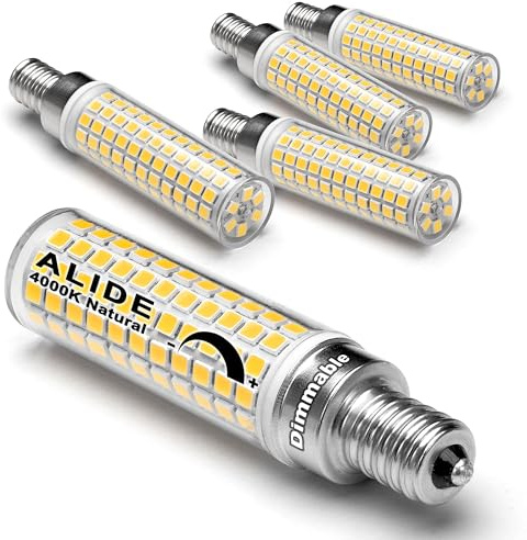 ALIDE E12 100W Dimmable Candelabra LED Light Bulbs Equivalent, Natural White 4000K,1000 Lumen C7 T6 Dimmable E12 10W LED Chandelier Bulbs for Ceiling Fan Pendant Salt Lamp,5 Pack