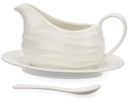 BSTKEY 13 Oz White Ceramic Gravy Boat with Tray and Spoon, Porcelain Saucer Pitcher with Sea Wave Pattern Decor for Thanksgiving Christmas, Sauce Boat Spout Set for Gravy Salad Dressings Creamer Milk