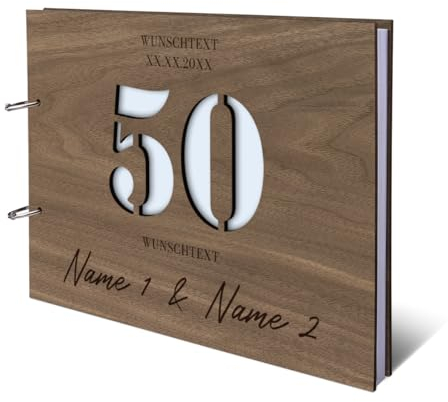Personalisiertes Goldhochzeit Gästebuch aus echtem Holz selbst gestalten - 50 Jahre Stanze - mit 72 Blatt / 144 Seiten Naturpapier Weiß