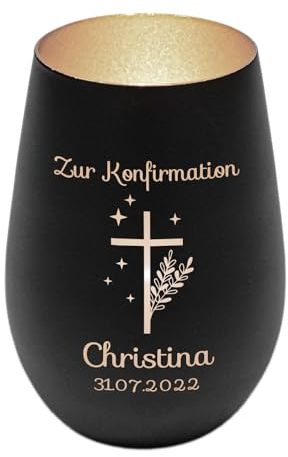 Windlicht mit Gravur zur Konfirmation | Schwarz/Silber | Motiv Kreuz mit Sternen | Geschenk zur Konfirmation Junge Mädchen | Tischdeko und Konfirmationsgeschenk personalisiert | Teelichtglas