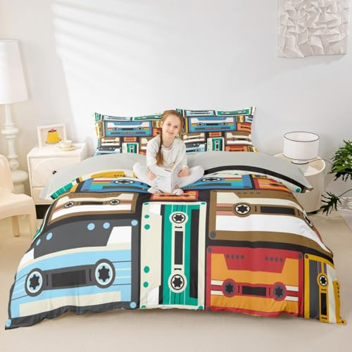 Vintage Music Tape Duvet Cover Set Full Size,80s Retro Tape Print Bedding Set,Audio Cassette Musical Style Comforter Cover for Kids Girls Boys Adult Room Decor,Blue Brown Quilt Cover,2 Pillowcases
